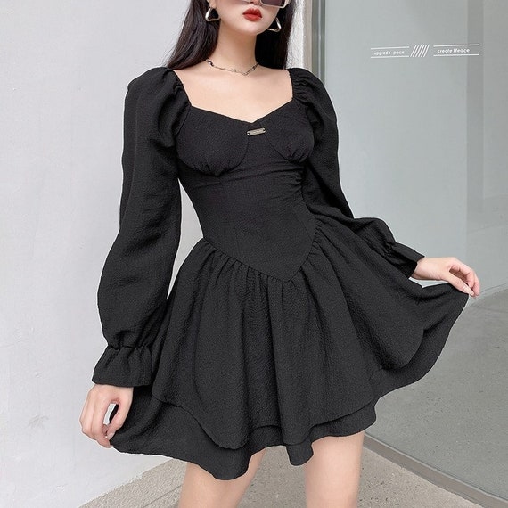 Aesthetic Black Puff Long Sleeve Pleated Corset Mini Dress Etsy
