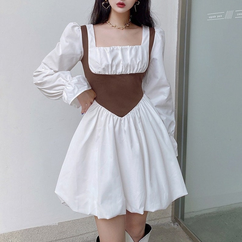 Pleated Long Puff Sleeve Aesthetic White Dress Academia - Etsy