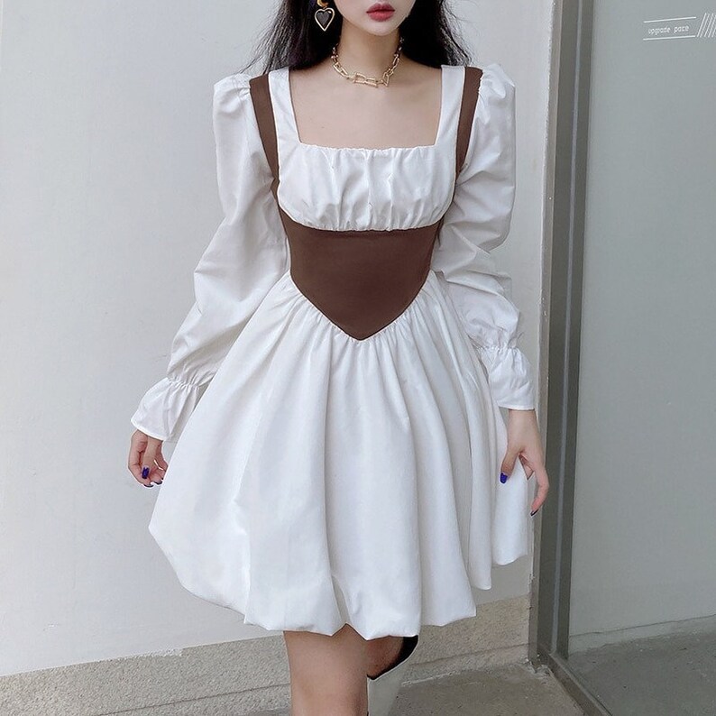 Pleated Long Puff Sleeve Aesthetic White Dress Academia - Etsy