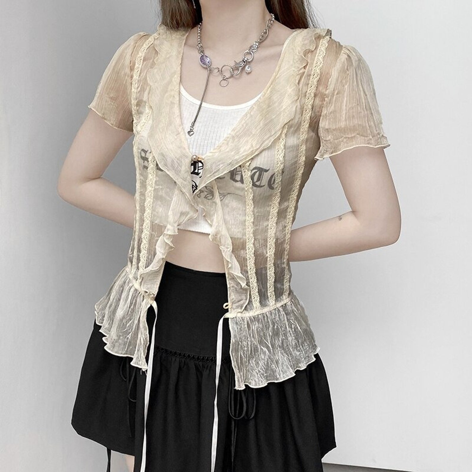 Fairy Grunge Shirt Damen - Y2K Langarm Henley Top Mit Spitze & Patchwork