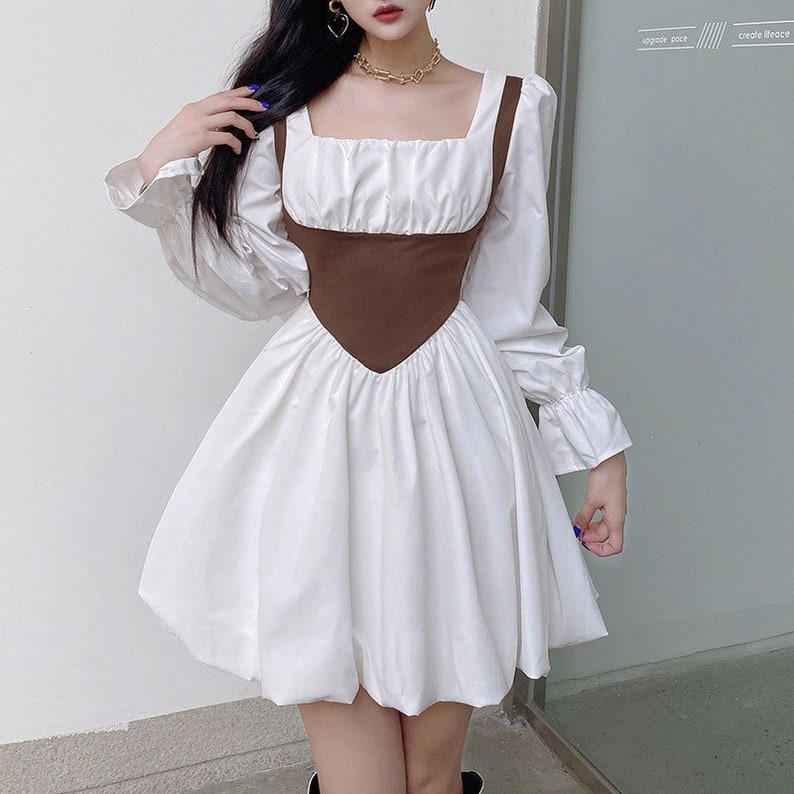 Pleated Long Puff Sleeve Aesthetic White Dress Academia - Etsy