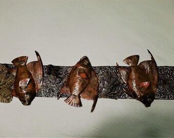 three fish hand crafted copper wall hanging