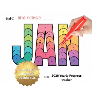 May include: A vibrant habit tracker for January, featuring the word "JAN" in large, segmented letters. The tracker is designed to monitor reading habits. The text "READ EVERYDAY" is above the tracker, and "2026 Yearly Progress tracker" is below.
