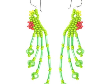 Quetzal bird earrings, green earrings, bird earrings, Quetzal Beaded Earrings - 925 Silver Hooks