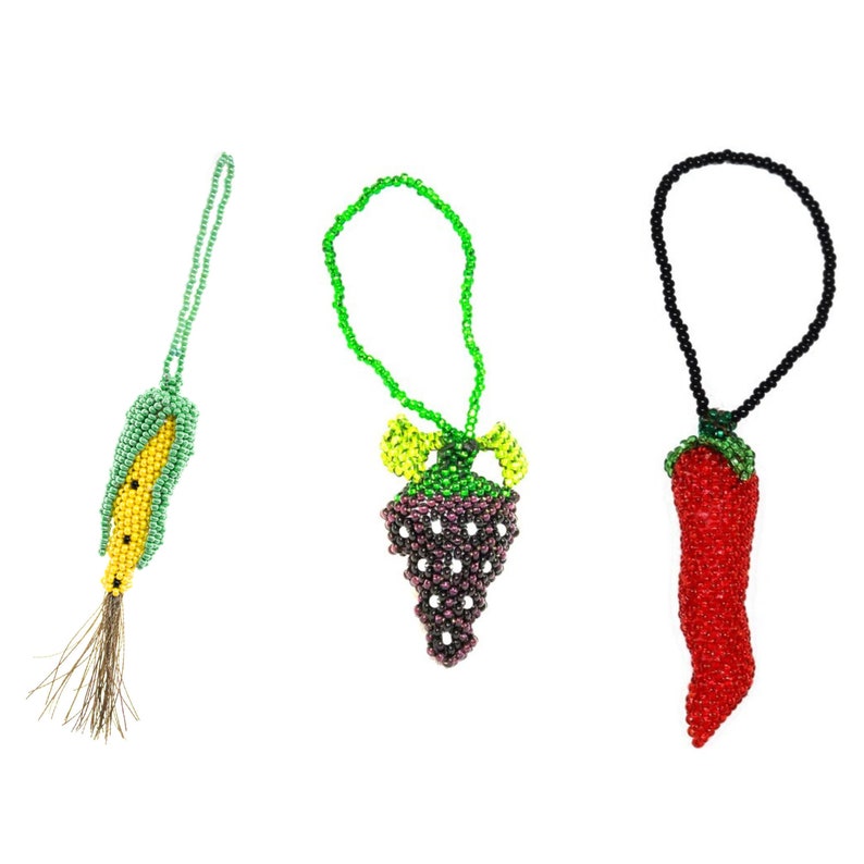 Guatemalan Handmade Fruit & Vegetable Beaded Ornaments, Guatemalan Ornament, Handmade Ornament, Guatemalan Beads, Indigenous Women Art image 1