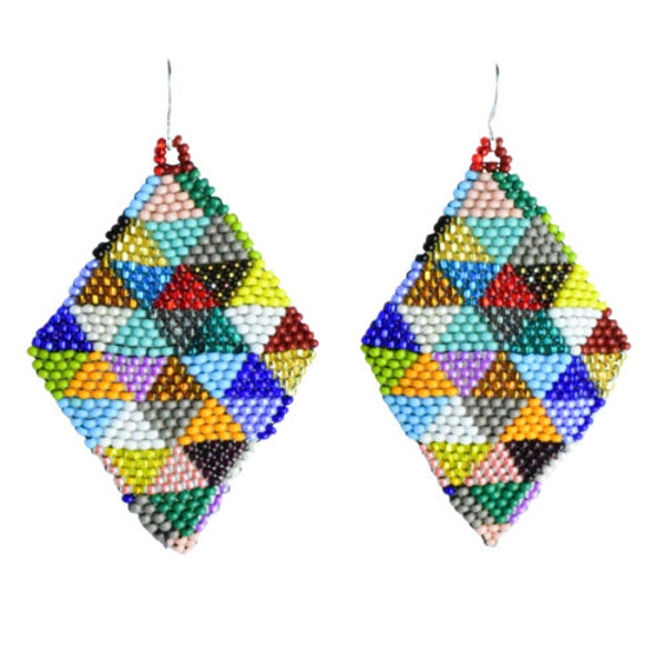 Handmade in Guatemala Patchwork Beaded Earrings, Diamond Earrings, Handmade Jewelry, Guatemalan Earrings, Wearable Art, Geometric Earrings