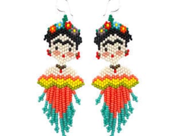 Beaded Frida Kahlo Earrings, Guatemalan Jewelry, Multicolor Jewelry, Intricate Bead Earrings, Statement Earrings, Handmade Earrings