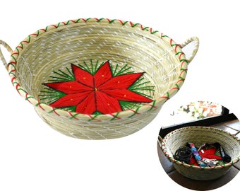 Handwoven Poinsettia Large Embroidered Basket