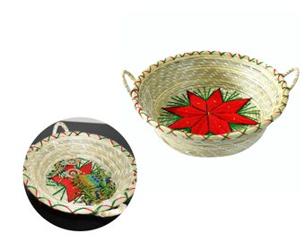 Handwoven Poinsettia Small Embroidered Basket