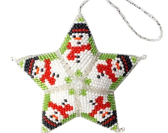 Snowman Beaded Star Ornament Green, Tree Accents, handmade star ornament, Guatemalan beaded ornament, ornament for Christmas, gifts