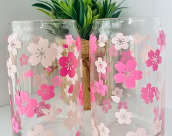 Sakura Cherry Blossom Beer Can Glass| Iced Coffee Glass| Aesthetic Coffee Glass| Soda Can Glass| 16oz Can Glass| Spring Summer Floral