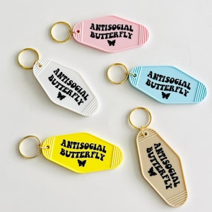 Retro Motel Keychain| Cute Motel Keychain| Antisocial Butterfly| Vintage Style Keychains| Motel Key Fob| Funny Keychains| Gifts for Her