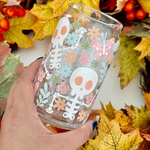 Halloween Glass Cup| Fall Iced Coffee Glass| Pastel Skeleton Floral Glass Tumbler| Cute Spooky Season Cup| Gift for Her| 16oz Beer Can Glass