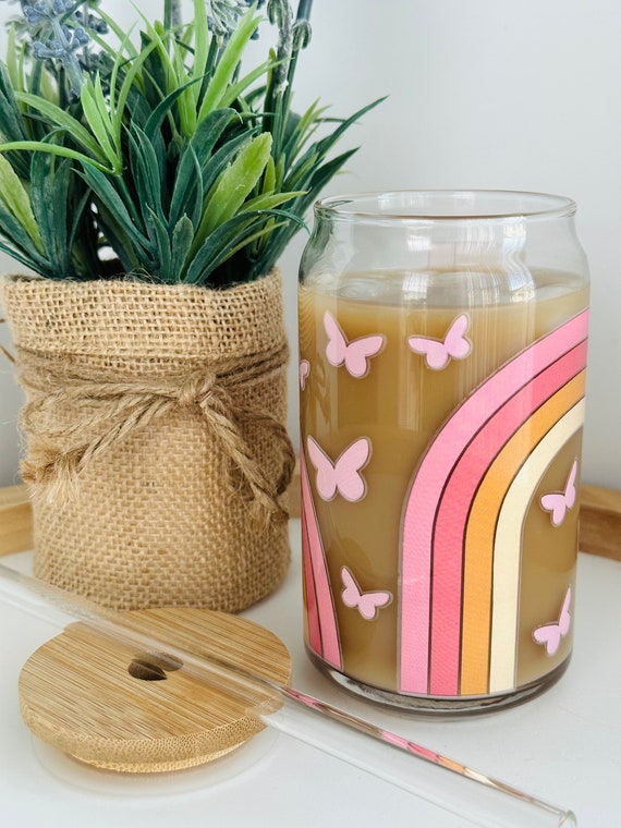 Rainbow Butterflies Glass Cup Iced Coffee Cup Cute Glass Can Pink