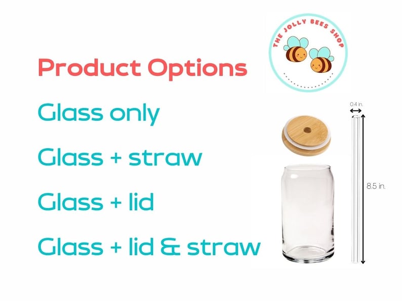May include: Product options for a glass jar with a wooden lid and a straw. The jar is 8.5 inches tall and the straw is 0.4 inches in diameter. The options are: glass only, glass + straw, glass + lid, and glass + lid & straw.