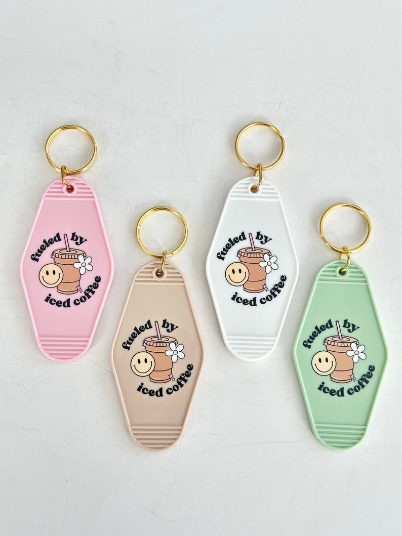 Retro Motel Keychain Fueled by Iced Coffee Keychains Gift for Coffee Drinkers Coffee Lover Gift Funny Keychains Gift Stocking Stuffers image 2