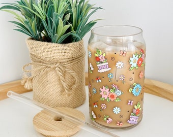 Spring Blooms Beer Can Glass| Flower Baskets Glass Cup| Garden Florals Iced Coffee Glass| 16oz Glass Can| Cute Trendy Gift for Her