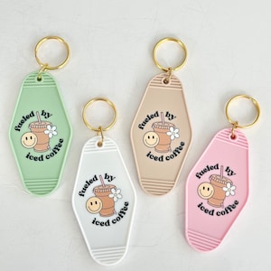 Retro Motel Keychain| Fueled by Iced Coffee Keychains| Gift for Coffee Drinkers| Coffee Lover Gift| Funny Keychains Gift| Stocking Stuffers