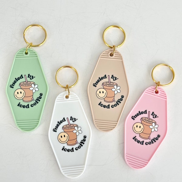 Retro Motel Keychain| Fueled by Iced Coffee Keychains| Gift for Coffee Drinkers| Coffee Lover Gift| Funny Keychains Gift| Stocking Stuffers