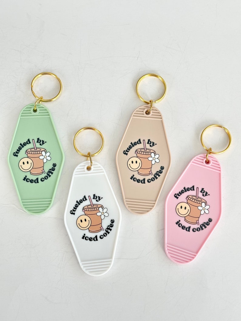 Retro Motel Keychain Fueled by Iced Coffee Keychains Gift for Coffee Drinkers Coffee Lover Gift Funny Keychains Gift Stocking Stuffers image 1