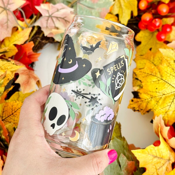 Halloween Can Glass Cup| Witch Hat Spell Book Cup| Cute Witchy Gifts| Spooky Season Glass Tumbler| Fall Coffee Glass| 16oz Glass Can