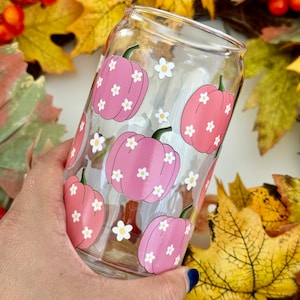 Fall Beer Can Glass| Fall Pumpkins Cup| Colorful Pumpkins Coffee Cup| Fall Aesthetic Coffee Glass| Pumpkin Spice| 16oz Glass Coffee Cup