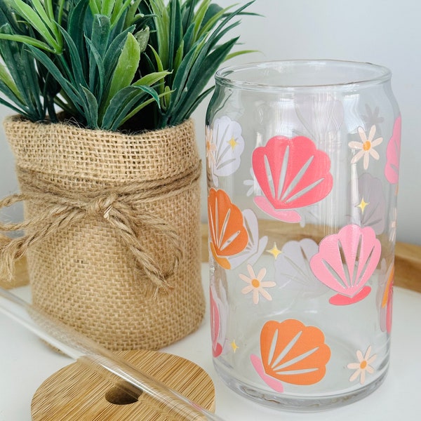 Sea Shells Glass Cup| Daisy Can Glass| Iced Coffee Cup| Aesthetic Coffee Glass| Cute Summer Cup| Beach Themed Cup| 16oz Beer Can Glass|