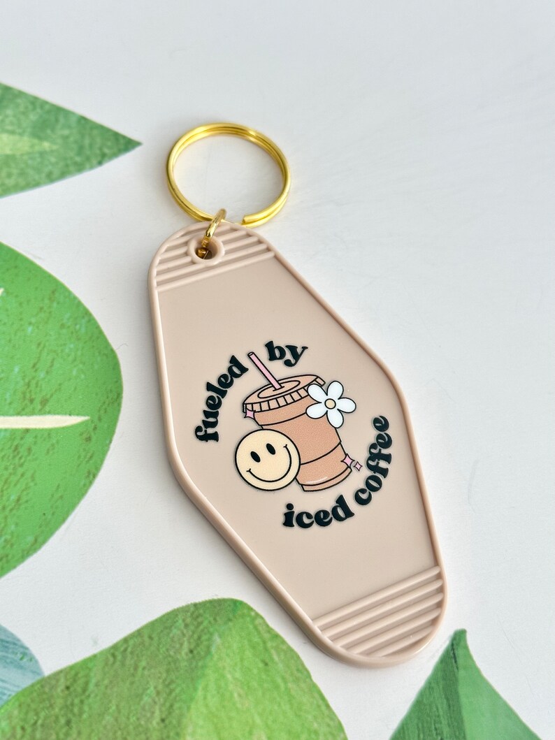 Retro Motel Keychain Fueled by Iced Coffee Keychains Gift for Coffee Drinkers Coffee Lover Gift Funny Keychains Gift Stocking Stuffers Beige