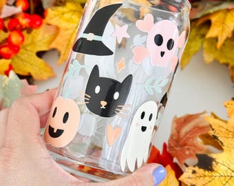 16oz Halloween Glass Cup| Fall Iced Coffee Glass| Cute Spooky Season Glass Tumbler| Ghosts and Pumpkins Beer Can Glass| Gifts for Her