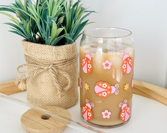 Retro Lady Bugs Beer Can Glass| Spring Floral Ladybug Glass Cup| Garden Flowers Iced Coffee Glass| 16oz Glass Can| Cute Trendy Gift for Her