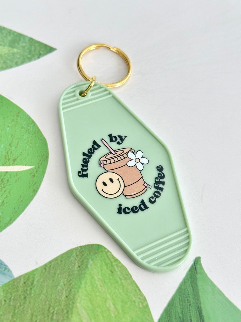 Retro Motel Keychain Fueled by Iced Coffee Keychains Gift for Coffee Drinkers Coffee Lover Gift Funny Keychains Gift Stocking Stuffers Matcha