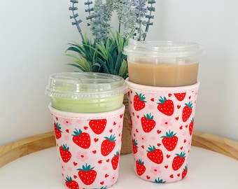 Strawberry Hearts Neoprene Drink Coozie: Insulated Coffee Sleeve