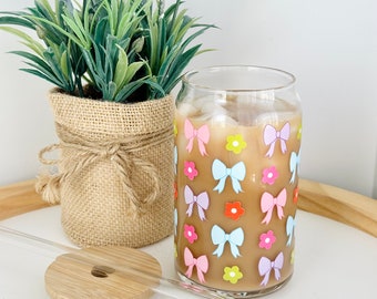 Colorful Bows Glass Cup| Coquette Bow and Daisy Glass Can| Girly Bows Iced Coffee Glass| 16oz Beer Can Glass| Cute Trendy Gift for Her|