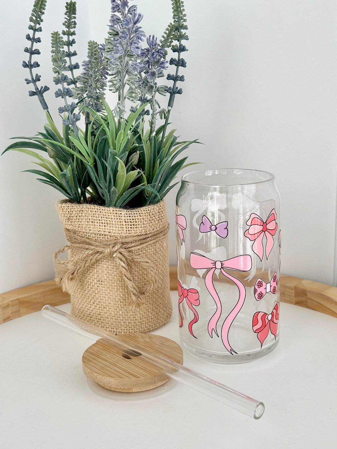 Pink Bows Glass Cup| Coquette Bow Glass Can| Girly Bows Iced Coffee ...