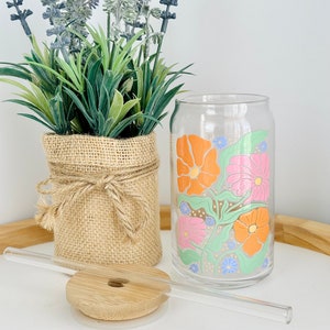 Abstract Floral Beer Can Glass: 16oz Iced Coffee Cup