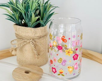 Spring Blooms Beer Can Glass| Butterfly & Mushroom Glass Cup| Garden Florals Iced Coffee Glass| 16oz Glass Can| Cute Trendy Gift for Her