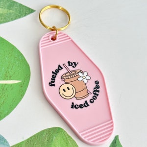 Retro Motel Keychain Fueled by Iced Coffee Keychains Gift for Coffee Drinkers Coffee Lover Gift Funny Keychains Gift Stocking Stuffers Light Pink