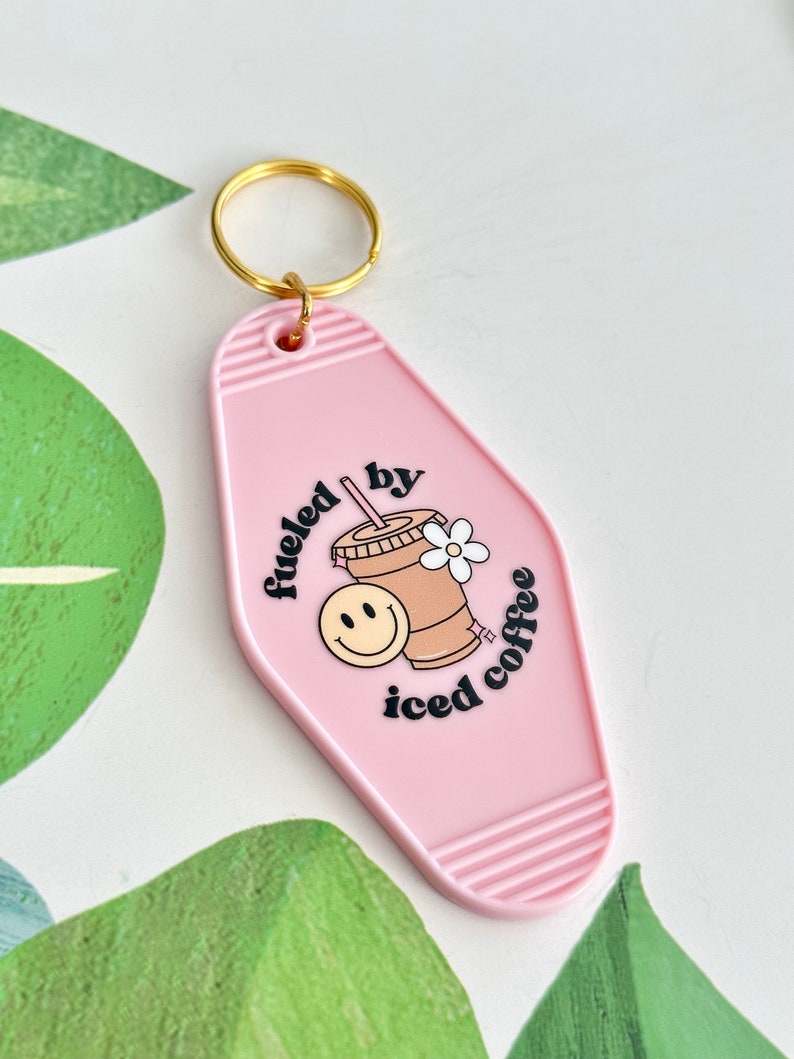 Retro Motel Keychain Fueled by Iced Coffee Keychains Gift for Coffee Drinkers Coffee Lover Gift Funny Keychains Gift Stocking Stuffers Light Pink