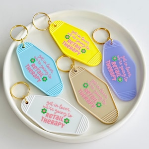 Retro Motel Keychain| Cute Motel Keychain| Retail Therapy| Vintage Style Keychains| Motel Key Fob| Funny Keychains| Gifts for Her