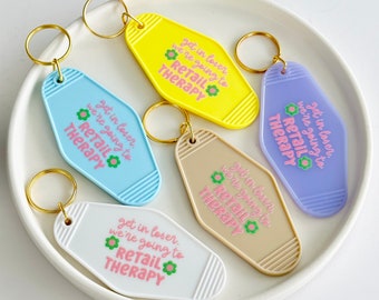 Retro Motel Keychain| Cute Motel Keychain| Retail Therapy| Vintage Style Keychains| Motel Key Fob| Funny Keychains| Gifts for Her