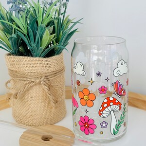 Mushrooms Beer Can Glass| Groovy Floral Butterflies Glass Cup| Cottage Core Iced Coffee Glass| 16oz Glass Can| Cute Trendy Gift for Her