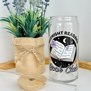Book Lover Glass Cup| Midnight Readers Book Club| Bookish Glass Tumbler| Iced Coffee Cup| Gift For Her| 20oz Can Glass| Gift for Bookworms