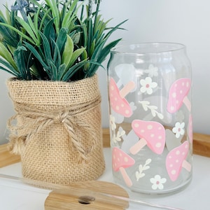 Pink Mushrooms Glass Cup| Pastel Daisy Cup| Cottage Core Glass Can| Cute Trendy Gift for Her| Nature Themed Gift| 16oz Iced Coffee Glass