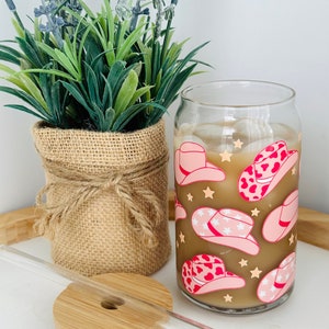 Pink Cowgirl Hats Glass Cup: Western Iced Coffee Tumbler, Bachelorette Party Gift (16oz)