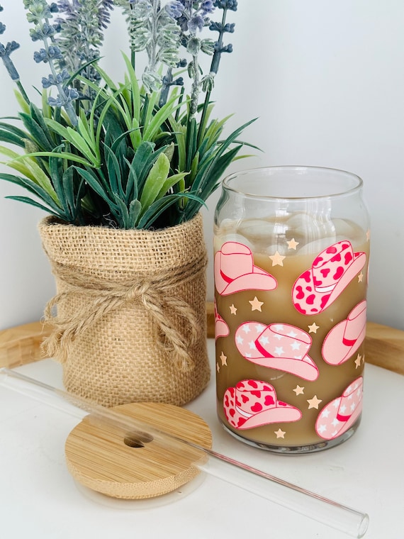 Pink Cowgirl Hats Glass Cup: Western Iced Coffee Tumbler, Bachelorette Party Gift (16oz)