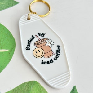 Retro Motel Keychain Fueled by Iced Coffee Keychains Gift for Coffee Drinkers Coffee Lover Gift Funny Keychains Gift Stocking Stuffers White