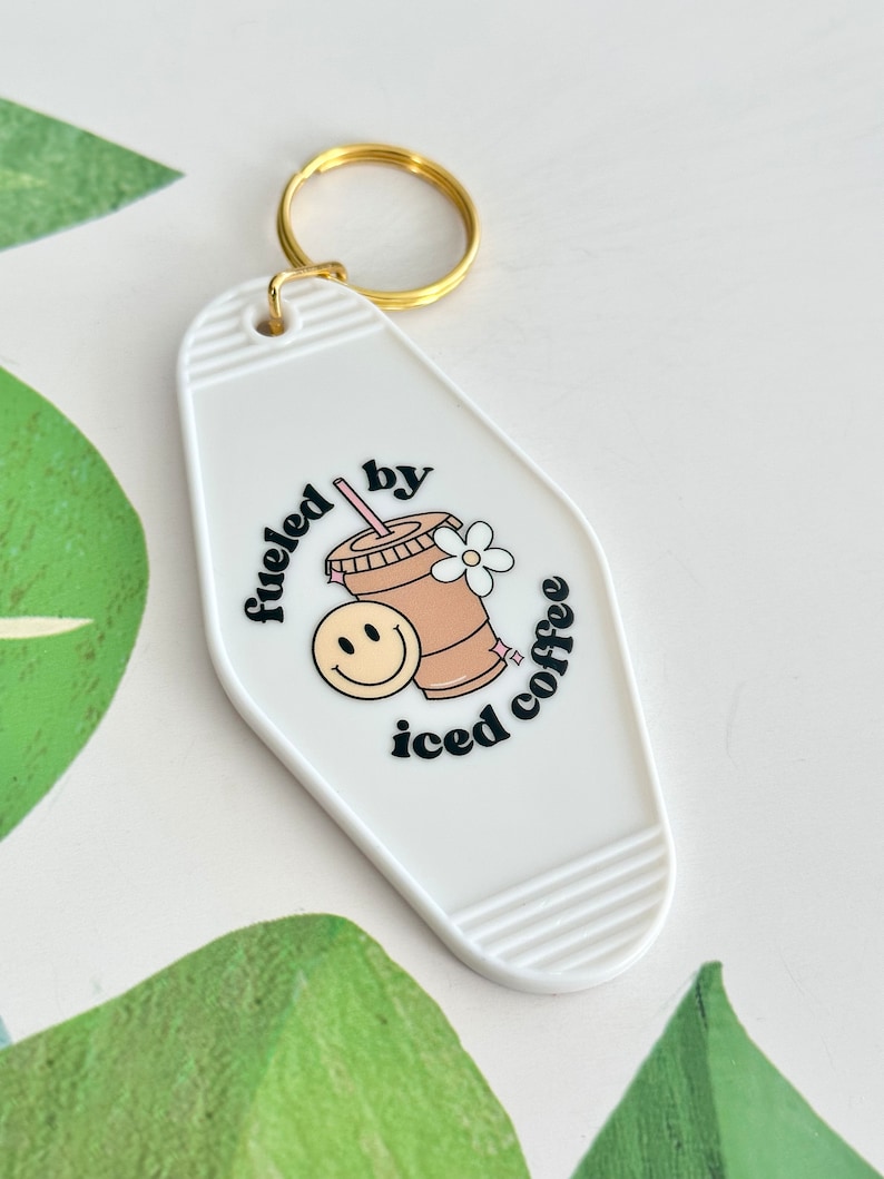 Retro Motel Keychain Fueled by Iced Coffee Keychains Gift for Coffee Drinkers Coffee Lover Gift Funny Keychains Gift Stocking Stuffers White