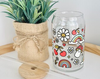 Groovy Summer Glass Cup| Mushrooms and Rainbows Glass Tumbler | Hippie Florals Iced Coffee Cup| Retro Daisies Cup| 16oz Soda Can Glass