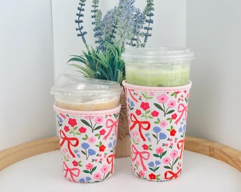 Flowers & Bows Coozies| Coquette Neoprene Iced Coffee Sleeves| Coffee Lover Gift for Her| Floral Insulated Drink Cozie| Stocking Stuffers