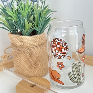Disco Cowboy Beer Can Glass| Desert Vibe Glass Cup| Western Cowgirl Glass Cup| Iced Coffee Cup| 16oz Glass Can| Trendy Glass Cup